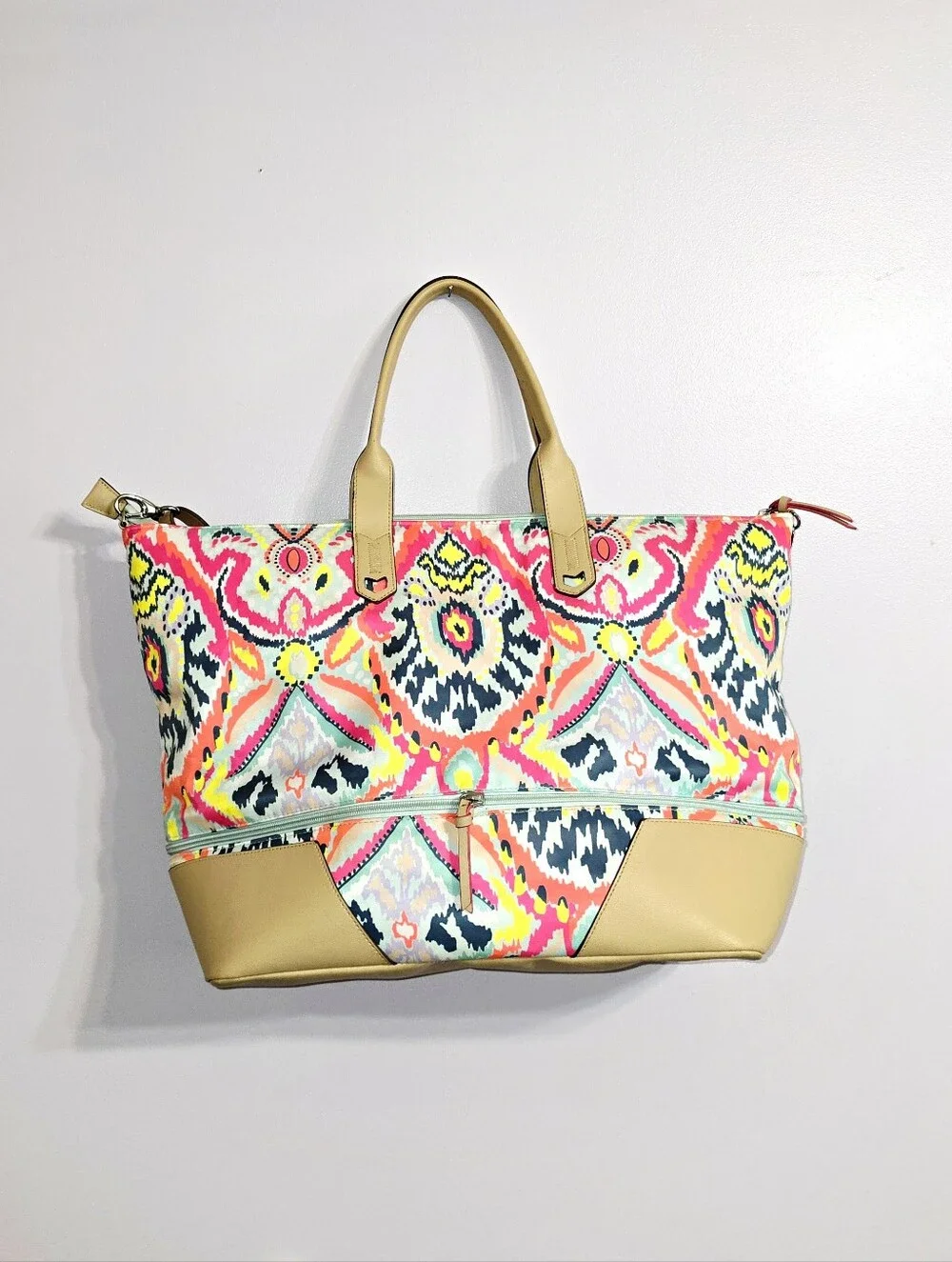 Multicolor Ikat Pattern Weekender Tote Bag with Tan Trim